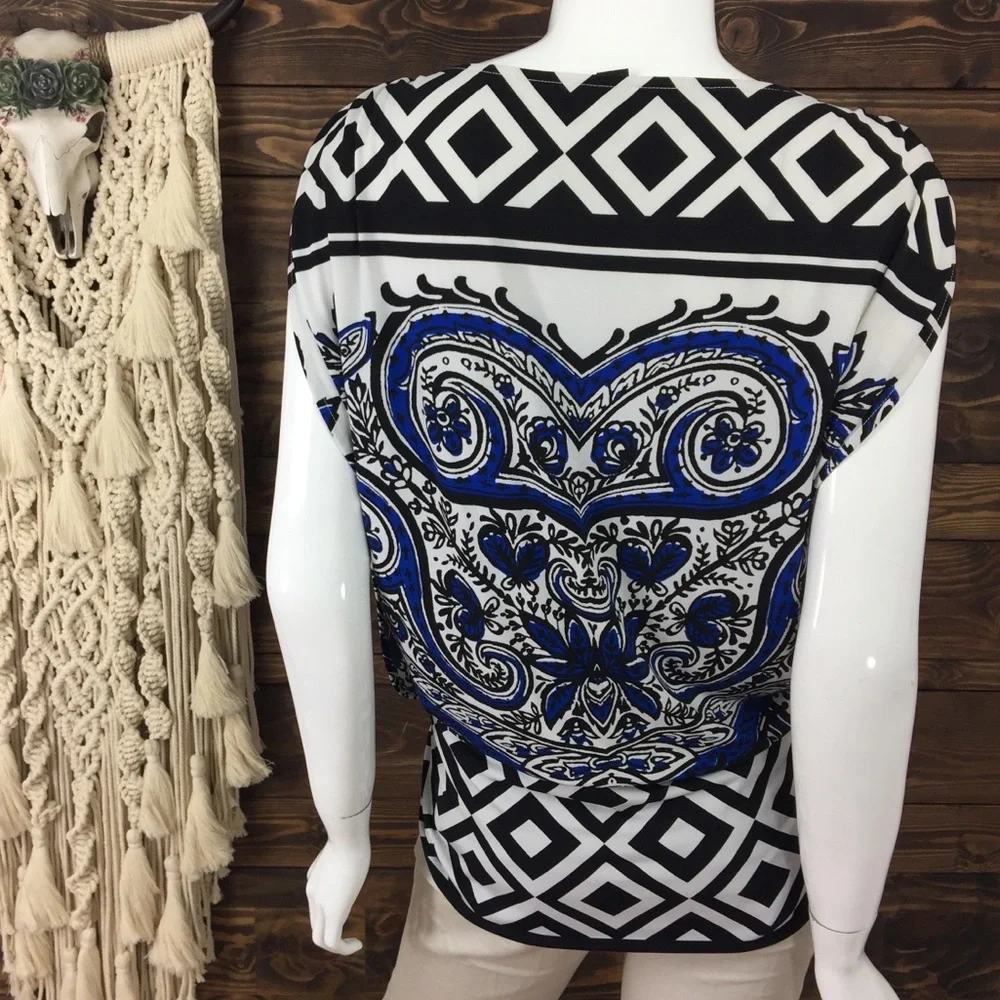 Alfani | Patterned Ruched Drop Waist Open Drape Blouse - Picture 5 of 9